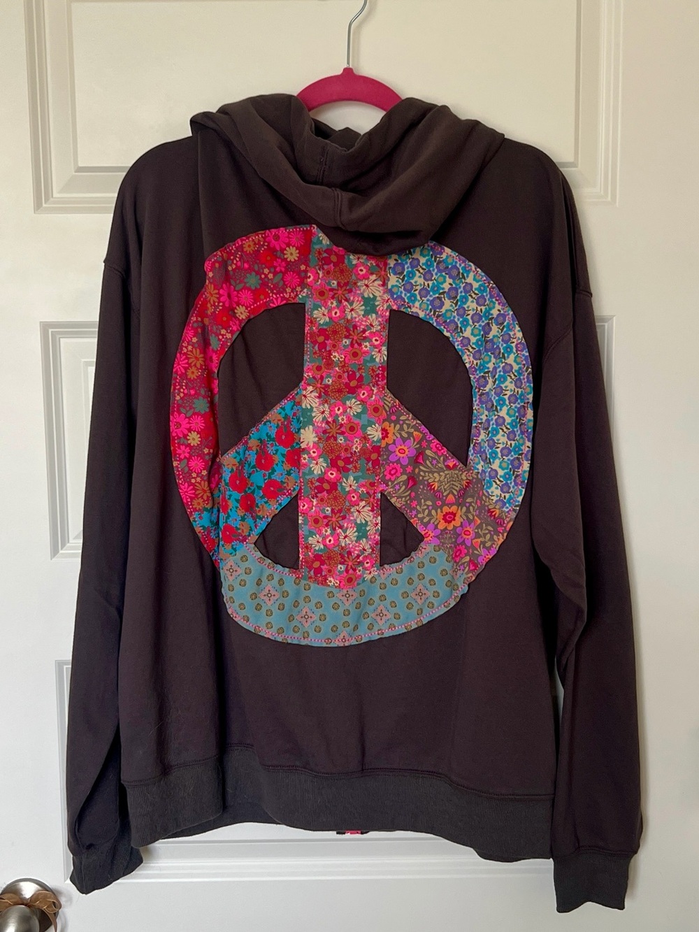Natural Life Brown Hoodie with Colorful Floral Peace Sign